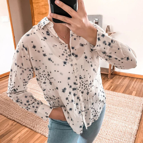 Xirena 100% Cotton Star Print Button Down Long Sleeve Collared Designer Shirt XS - Picture 1 of 9